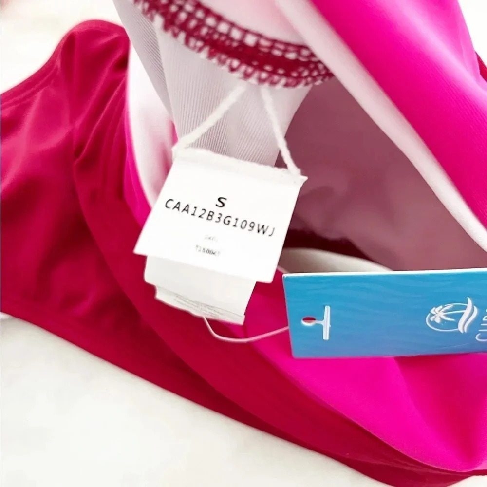 NWT Cupshe Colorblock Hidden Wonders Top XS & V-Front Bikini S Bottom Barbiecore - Picture 4 of 11